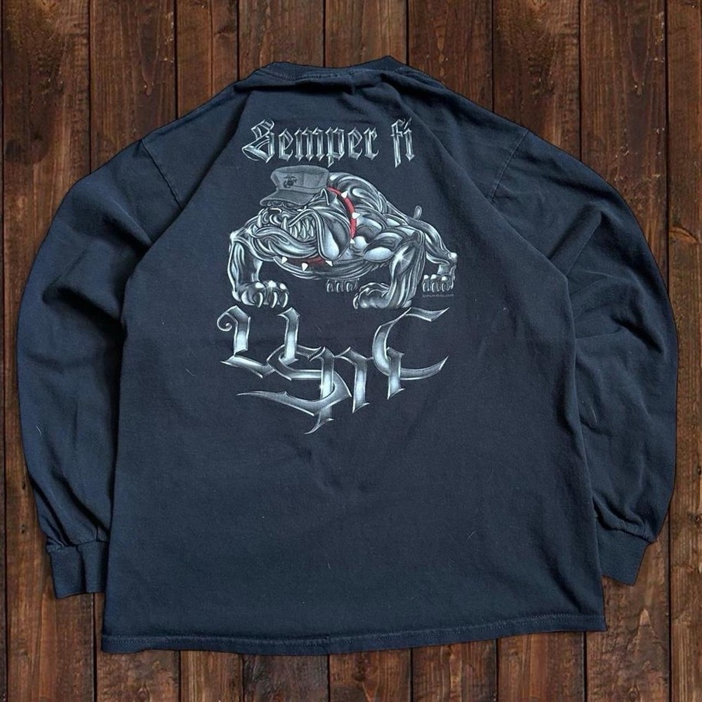 Men’s Long Sleeve Black Us Marine Corps Semper Fi Bulldog, Graphic T-Shirt