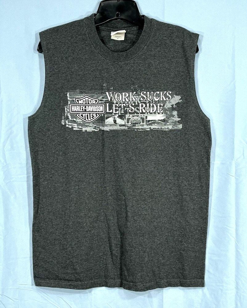 HARLEY DAVIDSON Hot Springs Arkansas WORK SUCKS LET’S RIDE Gray TANK TOP/SHIRT M