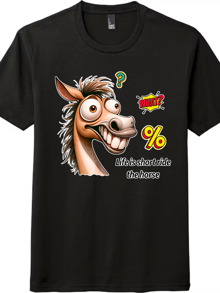 Funny Horse “Life is Short” Graphic Tee Sarcastic Cartoon, Unisex Black & White