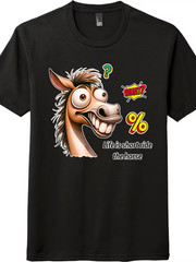 Funny Horse “Life is Short” Graphic Tee Sarcastic Cartoon, Unisex Black & White