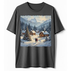 Cozy Winter Village T-Shirt Christmas Log Cabin Snow Scene Mountain Holiday Art