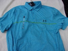 NWT Under Armour Loose Fit Playoff polo, men’s L, XL, blue, bright green stripe