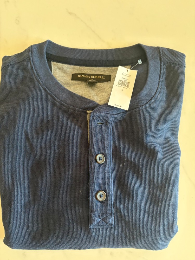 Banana Republic Cozy Jersey Henley Mens Large Navy Blue Long Sleeve NWT