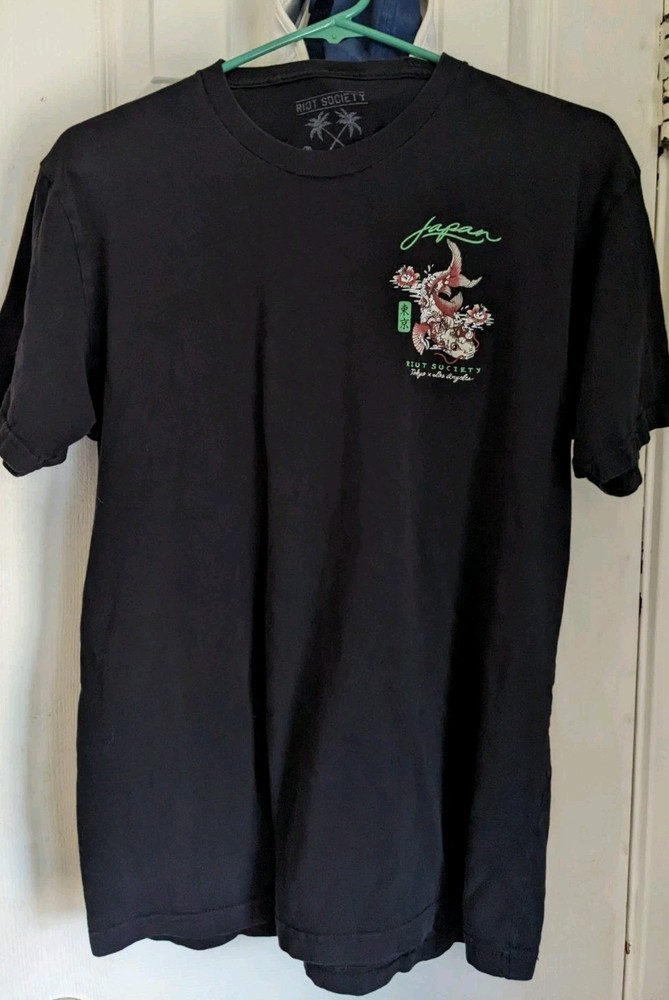 RIOT SOCIETY Tokyo Los Angeles koi fish Cotton Men’s t-shirt tee Size L Black