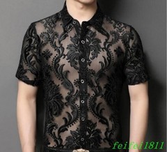 Chic Mens Hollow Out Floral Lace Shirts Short Sleeve Thin Lapel Tops Club Shirts