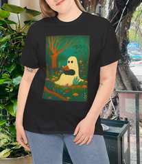 Reading Book Black Cat Halloween Ghost Teacher T-Shirt Adult Look