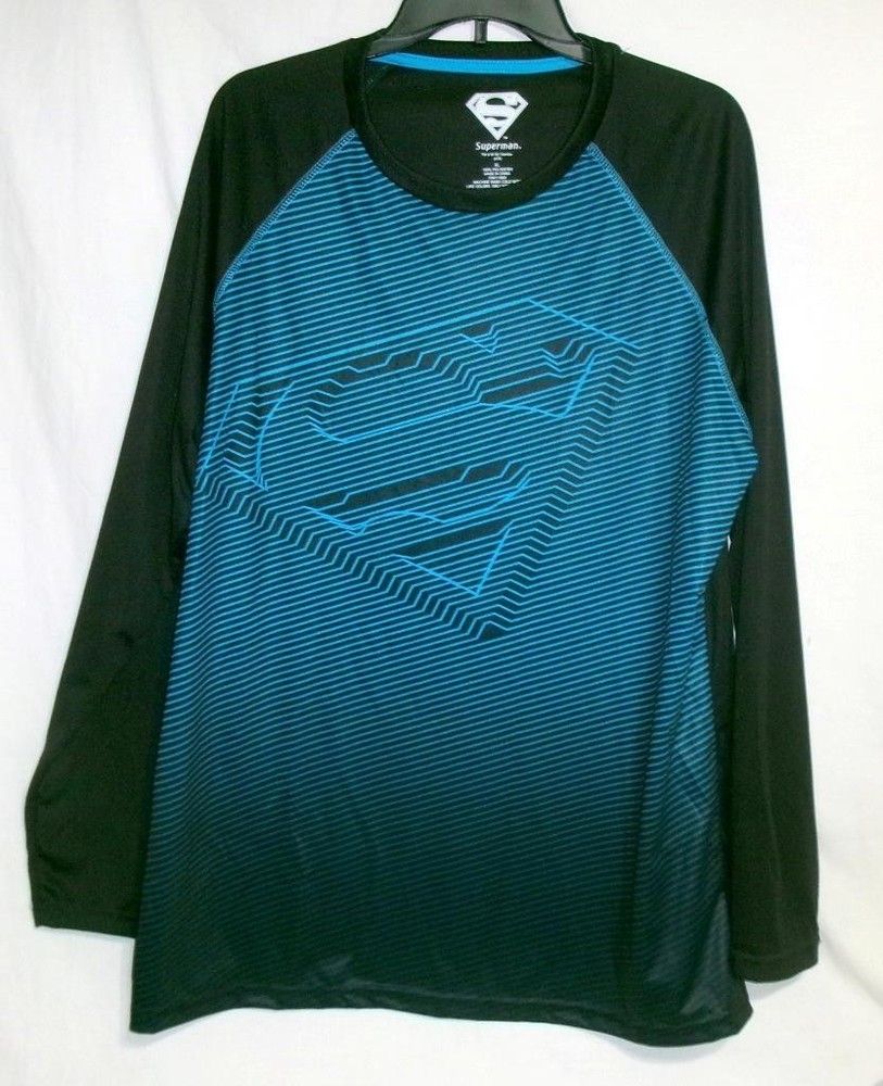 Superman Shirt Sz XL TM & DC Comics Black Turquoise Stripes Long Sleeves