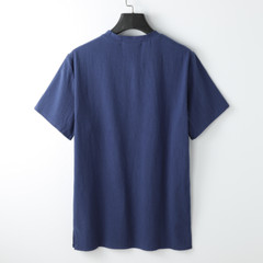 Men’s Stand-up Collar Short Sleeve Cotton Hemp Summer T-shirt Loose Linen V-neck