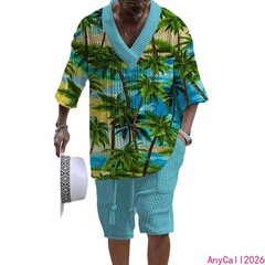 Beach Loose Print V-neck Mens Knitted Short-sleeved Short-shorts Set Casual 2pcs