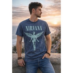 Nirvana In Utero Angel Graphic Tee Blue Mineral Wash Cotton Band T-Shirt Small