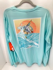 Habit Crooked ELM Graphic T-Shirt Mens M Aqua Blue Long Sleeve Solar Factor NWT