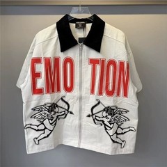 Mixed Emotion Letter Print Casual Zippered Collar Short-Sleeved Shirt