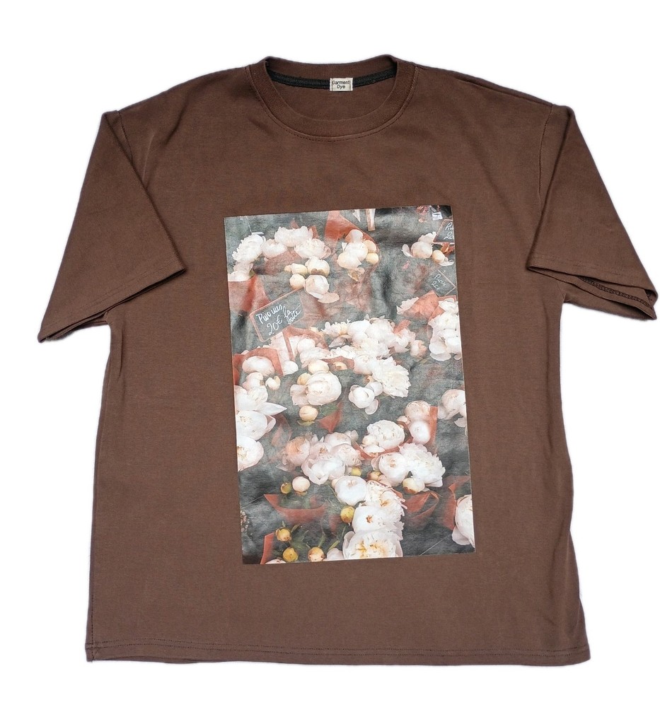 Garment Dye Woman’s Brown T-shirt Floral Art to Wear Thick Fabric No Size Fits M