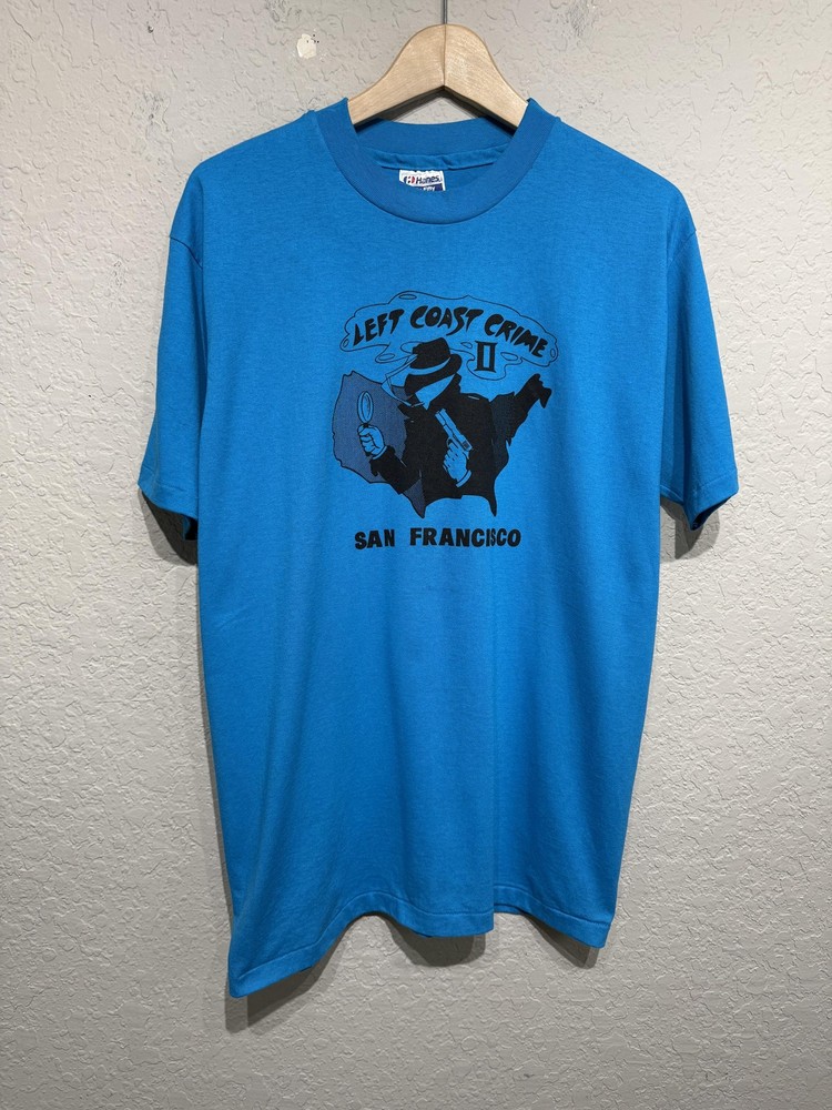 Vintage Left Coast Crime Shirt Mens Large Blue San Francisco Mystery Graphic 90s