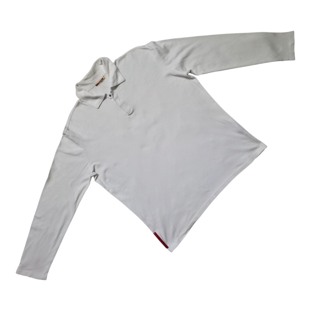 “Prada White LS Stretchable Polo Shirt Red Logo Patch”