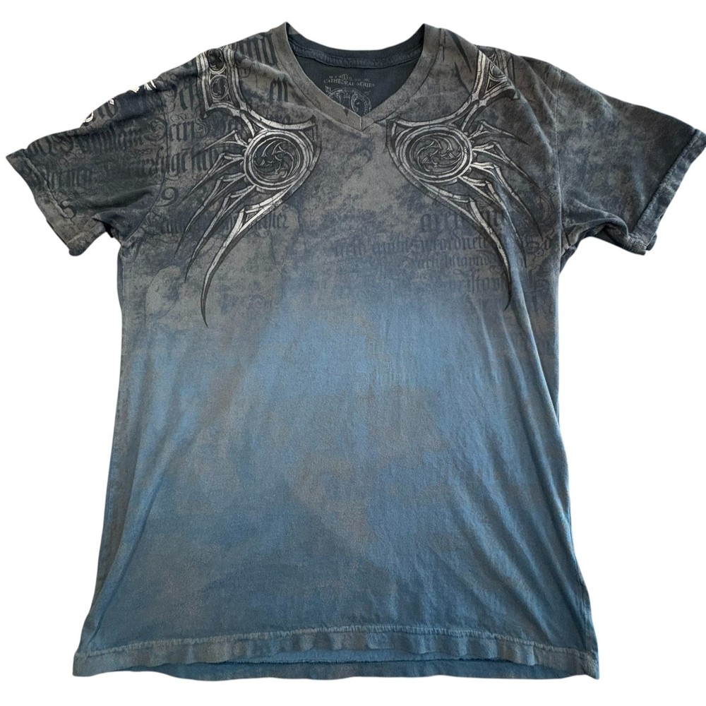 Affliction Cathedral Series Graphic T Shirt Mens L Gray Blue Grunge Gothic Tee
