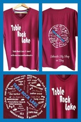 Upcycled Table Rock Lake T-shirt w/ Marinas & Landmarks Graphic, Magenta Size L
