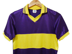 S Vtg 90s Y2K Purple Yellow Striped Acid House Rave Cyber Club Jersey T-Shirt
