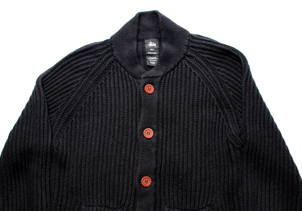 VTG STUSSY ~CARDIGAN~ RIBBED KNIT SWEATER L mock/shawl/neck/military/tour/gauge