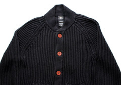 VTG STUSSY ~CARDIGAN~ RIBBED KNIT SWEATER L mock/shawl/neck/military/tour/gauge