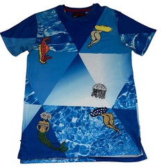 Ron Bass T- Shirt Mens Medium Blue Aquatic Print Mermaid Seahorse Woman Ocean