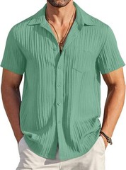 Men Casual Button Down Short Sleeve Textured Summer Beach Shirt with Pocket