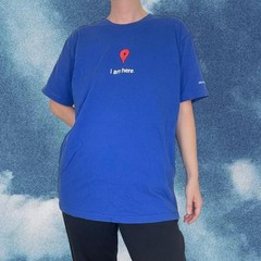 Vintage 2000s Y2K Google I am Here Blue Graphic Funny T-Shirt Humor Size Large