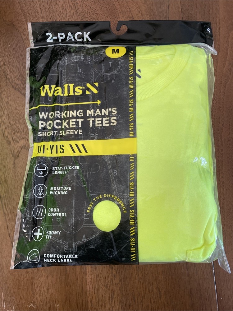 Walls Pocket T-shirt 2pk Men’s Medium HI-VIS Yellow Short Sleeve Work Tee