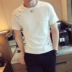 Men’s Stylish Ripped Crew Neck Cotton T-Shirt Slim Fit Short Sleeve Casual Top