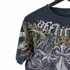 Mens Y2K Affliction Cross Wing Grunge Punk AOP Graphic Grey Shirt Size L