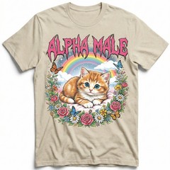 Alpha Male Kitten Rainbow Flowers Butterfly T-Shirt Ironic Cute Cat Humor Tee
