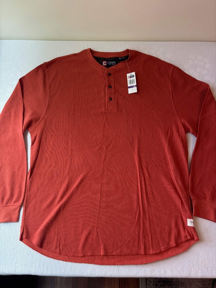 NWT Chaps Henley Thermal Shirt Mens XXL Orange Waffle Knit Casual Preppy Travel