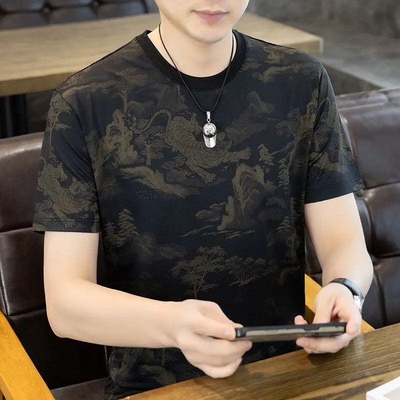 Men’s Ice Silk Cooling T-Shirt Summer Print Casual Short Sleeve O-Neck Top
