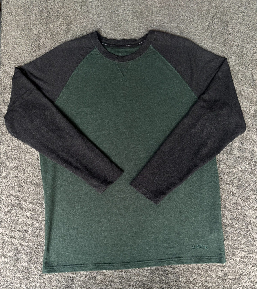 Orvis T-Shirt Men’s Large Green Gray Crew Neck Long Sleeve Classic Pullover