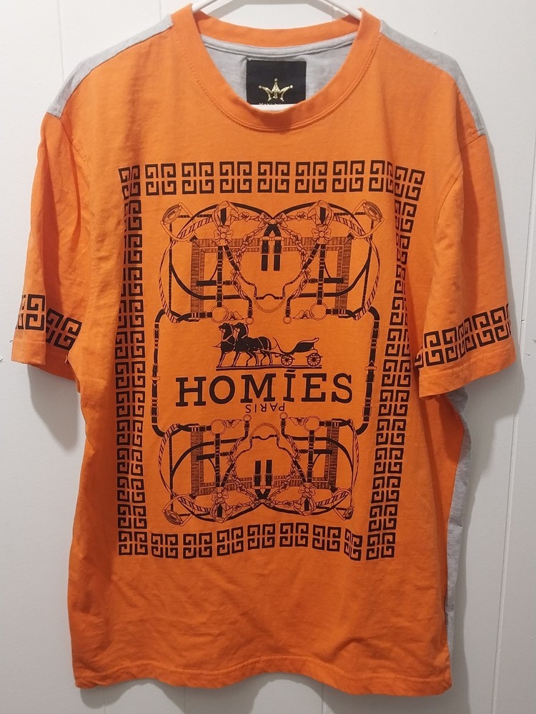Maxi Milian Shirt “Homies Paris” Pattern Shirt Size 2XL Orange Front Gray Back
