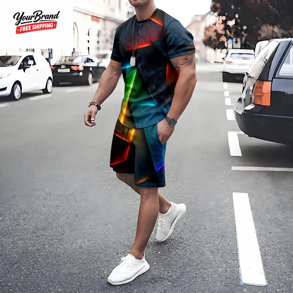 Plus Size Irregular Geometric T-Shirt Shorts 2-Piece Set Quick Drying Loose Men’