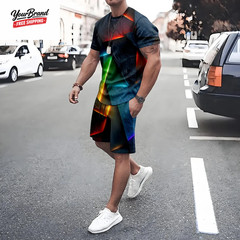 Plus Size Irregular Geometric T-Shirt Shorts 2-Piece Set Quick Drying Loose Men’