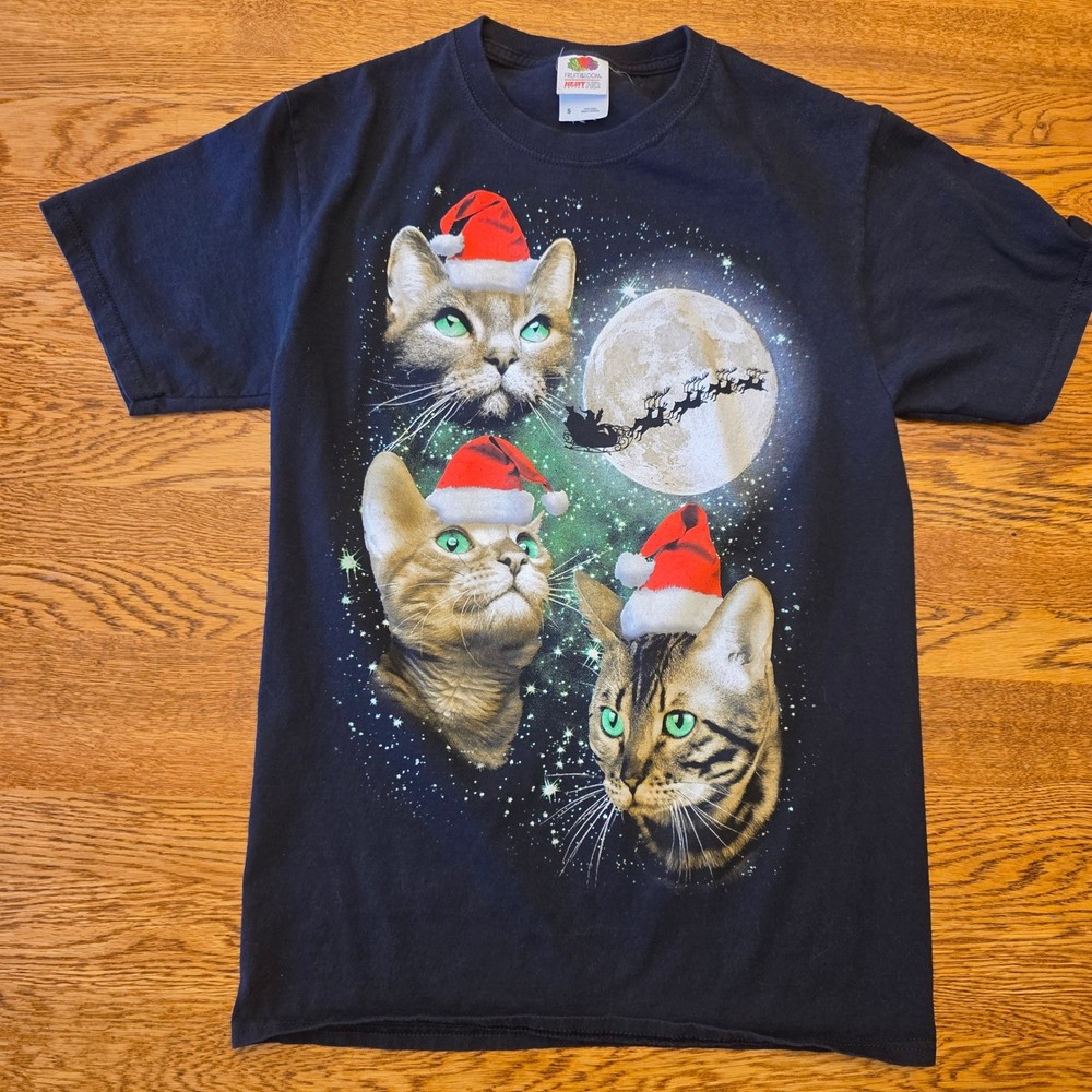 Christmas Cats Santa Hats Moon Retro Graphic Tee Size S 80s 90s Y2K Kittens