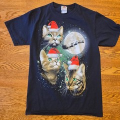 Christmas Cats Santa Hats Moon Retro Graphic Tee Size S 80s 90s Y2K Kittens