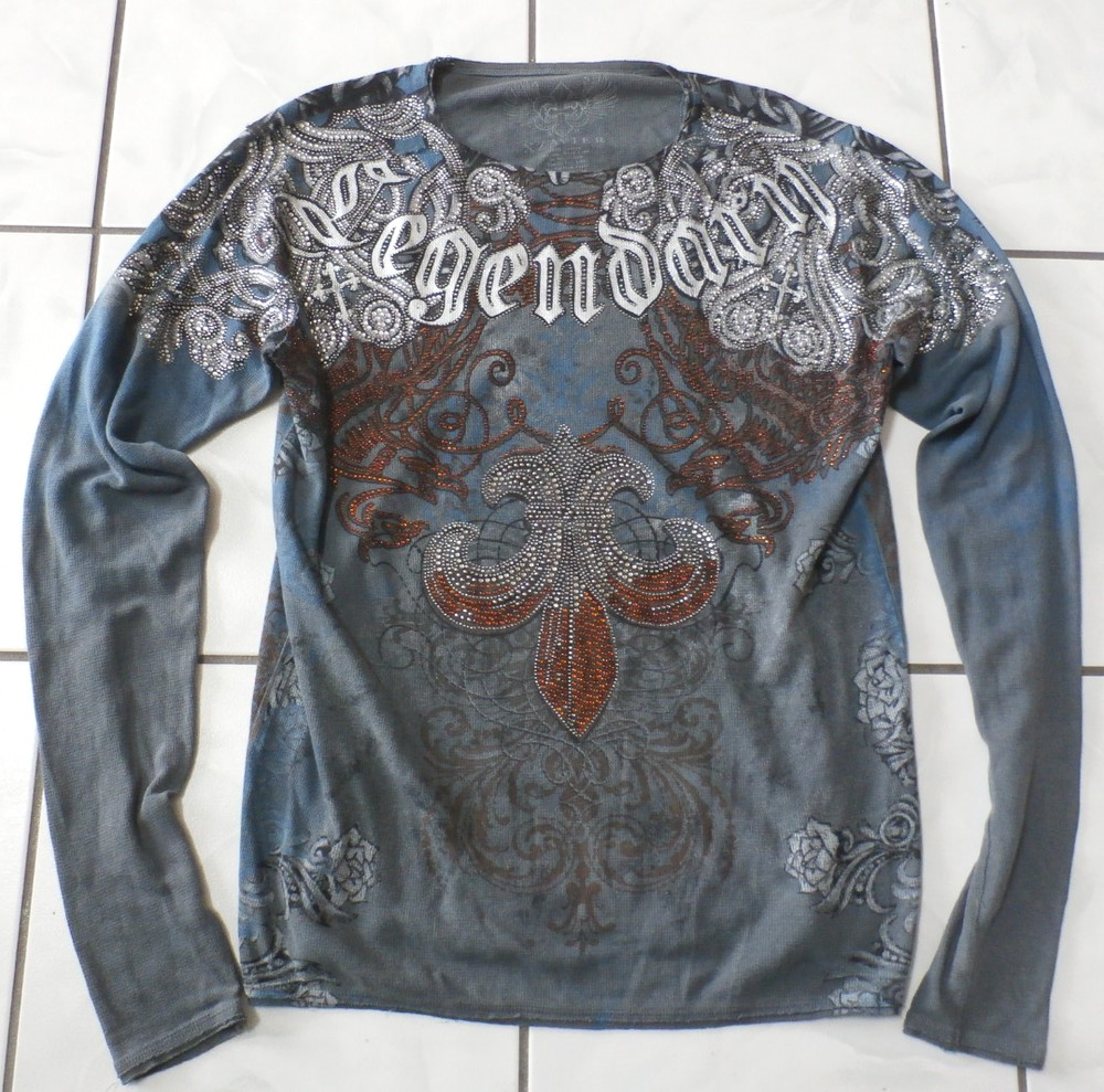 Xzavier Legendary Cross Rhinestone Grunge All Over Print Affliction Shirt S i131