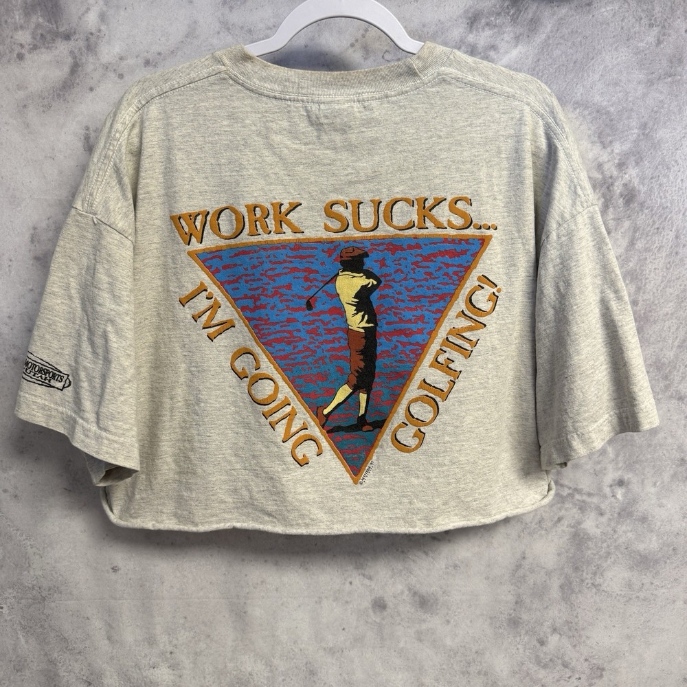 Vintage 90s Work Sucks Im Going Golfing T Shirt Size 2XL Gray Cropped Golf