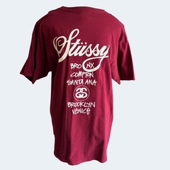 Stussy Burgundy World Tour Graphic T-Shirt Size Large Streetwear Skater Tee