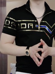 New Men Luxury Diamond Rhinestones Fashion Black Polo T-Shirt High Quality