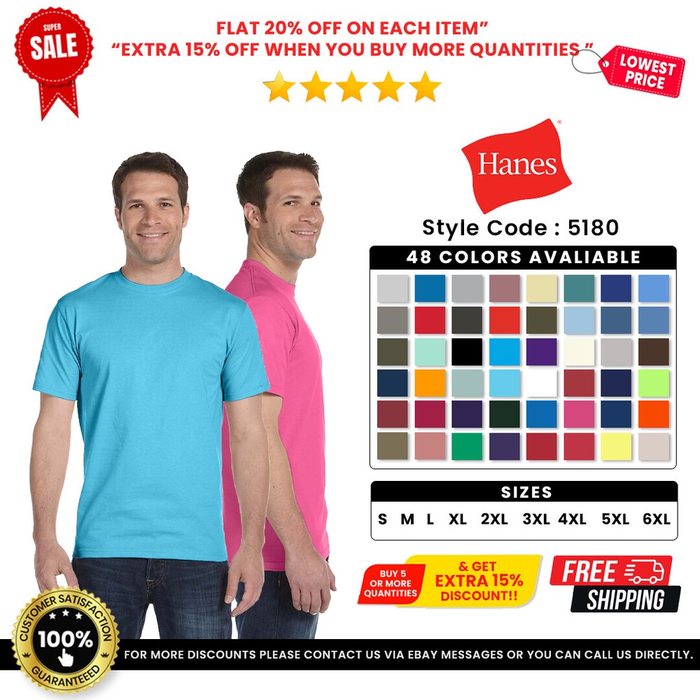 Hanes 5180 Men’s Cotton Crew Neck Short Sleeve Plain Blank Beefy-T T-Shirt
