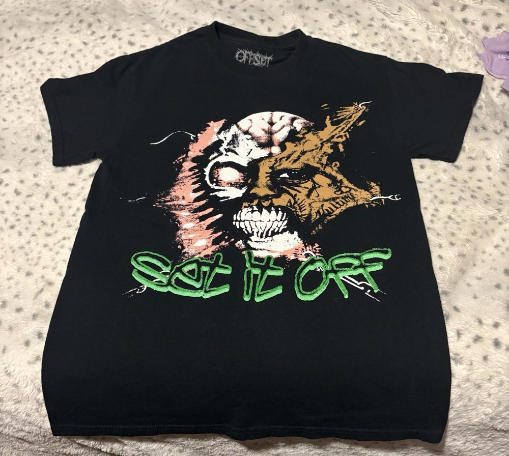 Offset Migos Set It Off Tour T-shirt Men’s Size S 100% Cotton BLACK Rip Face Tee