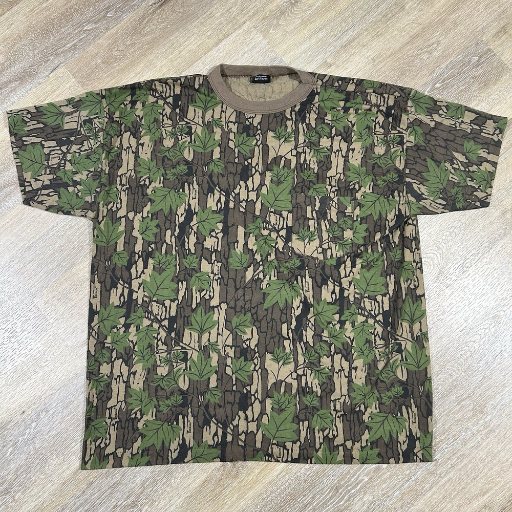 Vintage Ace Sportswear Trebark Camo Shirt XXL Single Stitch Tree Leaf Camouflage