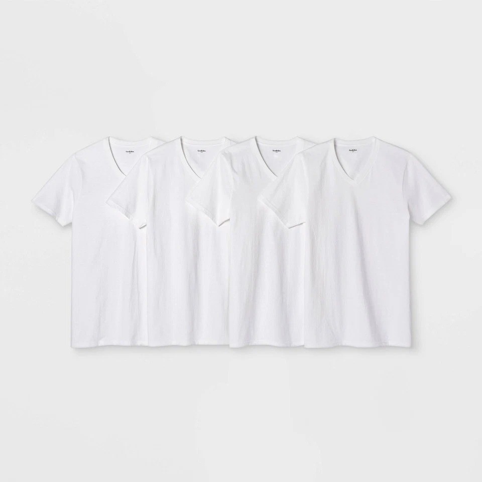 Men’s 4pk V-Neck T-Shirt – Goodfellow & Co™ White M: Cotton Jersey, Short Sleeve