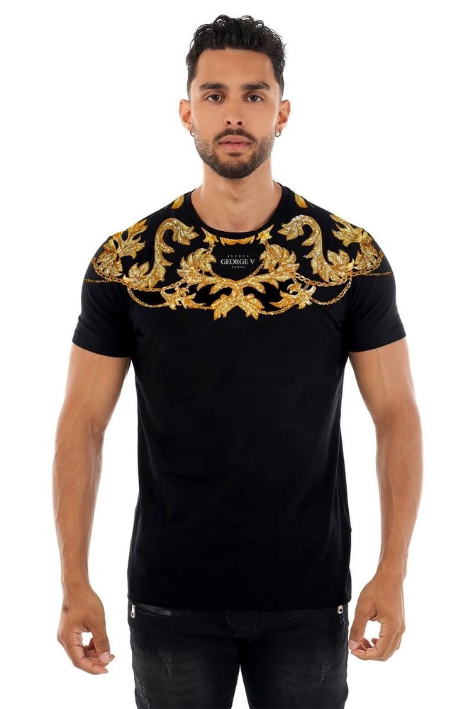 Avenue George V Paris Men Short Sleeves BLACK T-shirt Gold Chain rhinestone