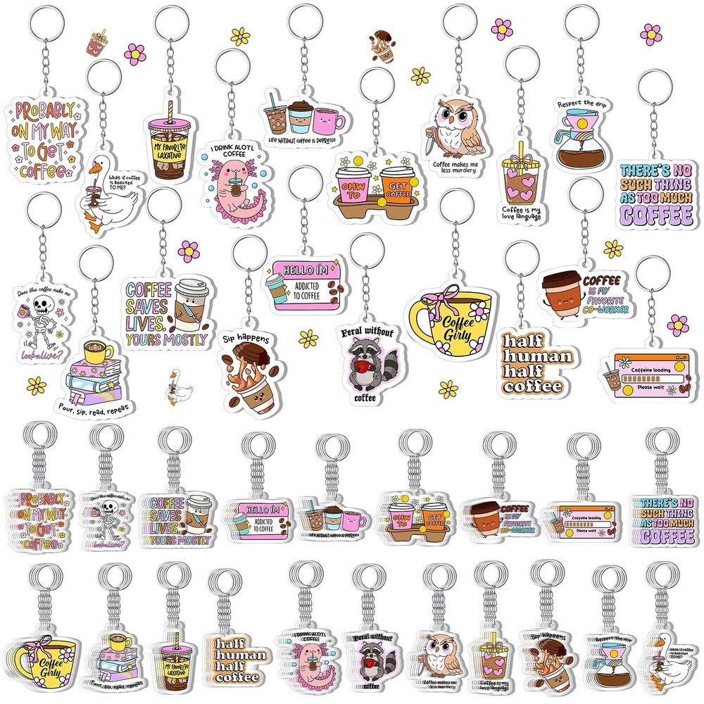 100 Pcs Coffee Lovers Gifts Keychain Bulk, 20 Style Cute Novelty Acrylic Key …