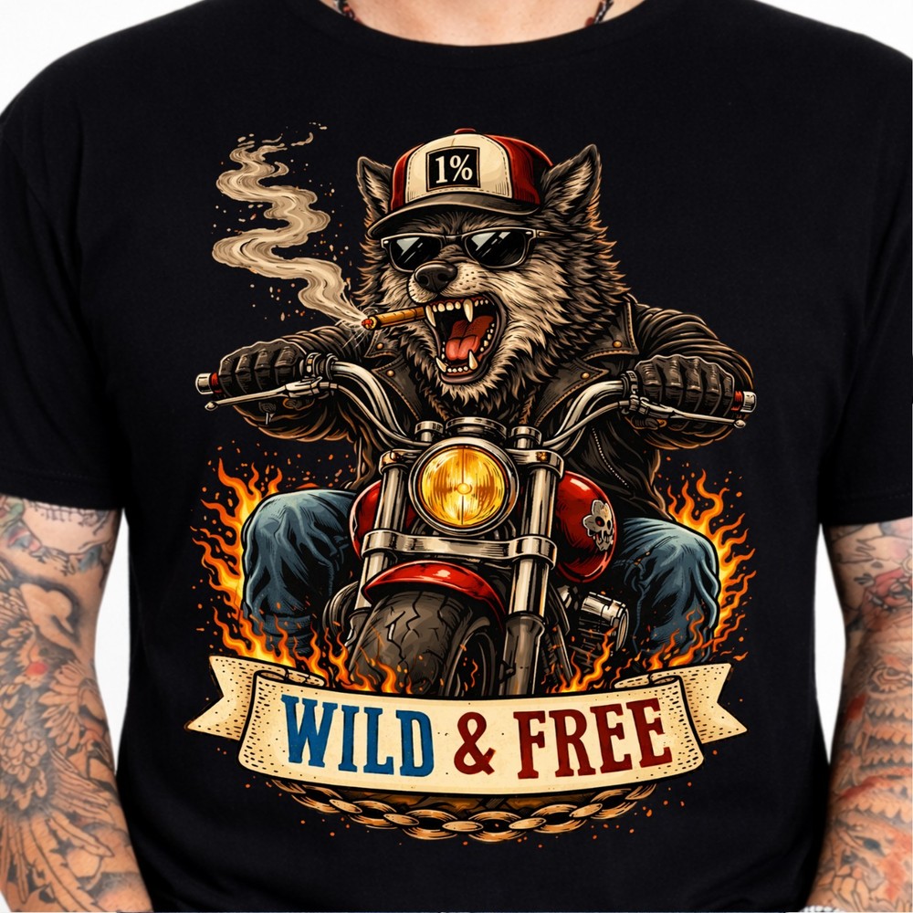 Wild & Free Wolf Biker Motorcycle Chopper Flames Funny Animal Graphic T-Shirt.